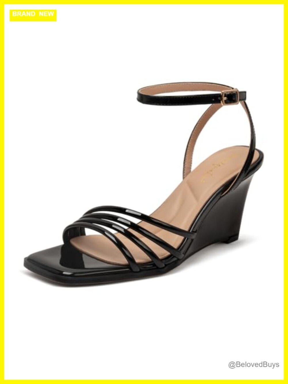 Women's Wedge Sandals with Ankle Strap, Open Toe, 3-Inch Heel, Faux Leather,